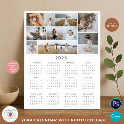 One page year at a glance calendar with space for 12 photos