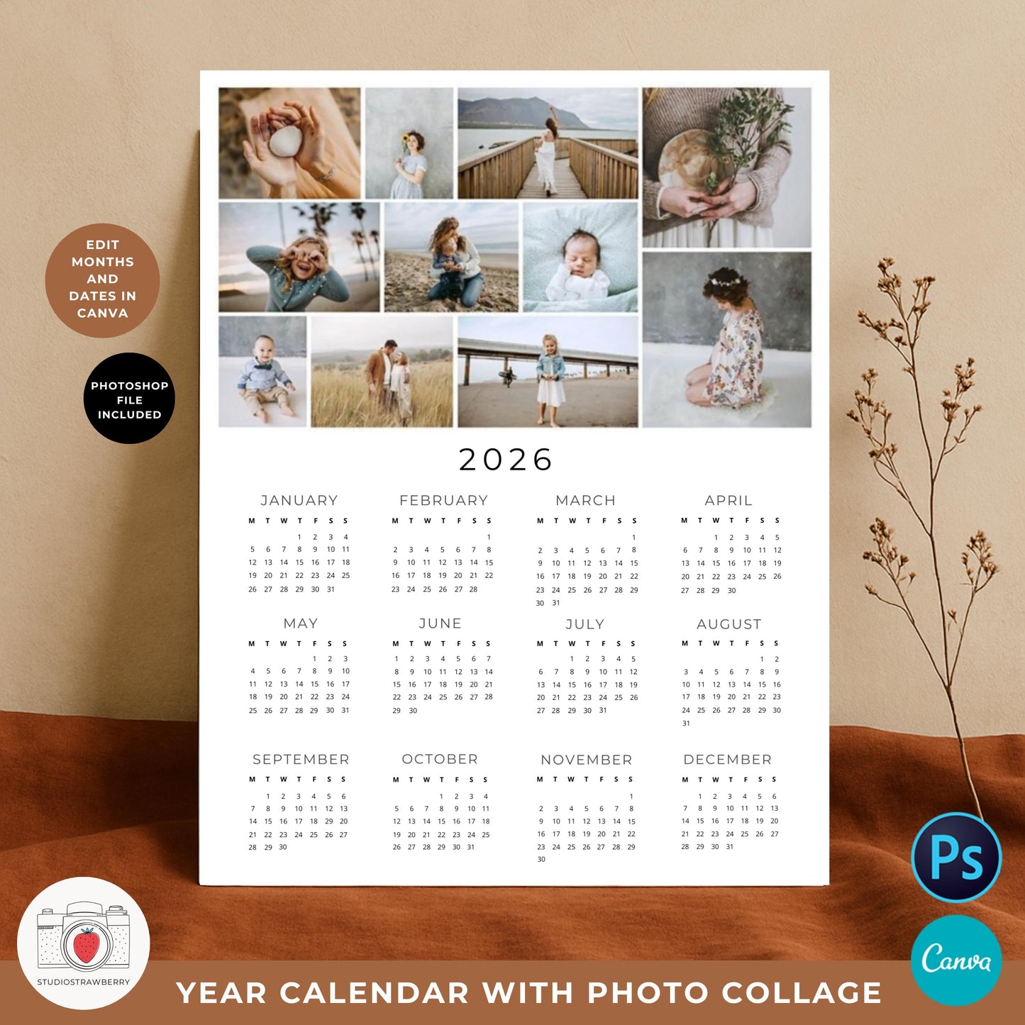 Custom calendar with your own pictures, fully editable in Canva