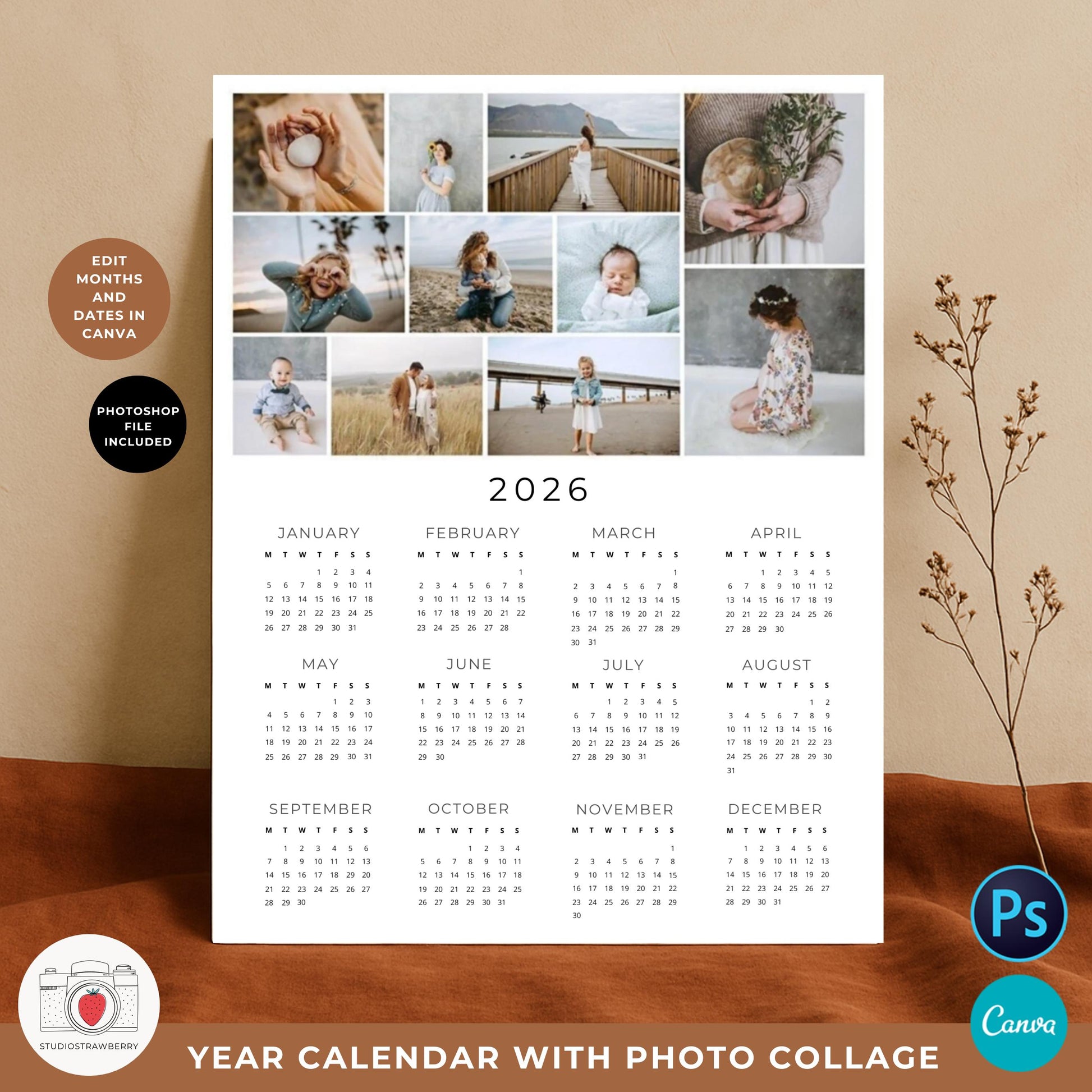 Custom calendar with your own pictures, fully editable in Canva