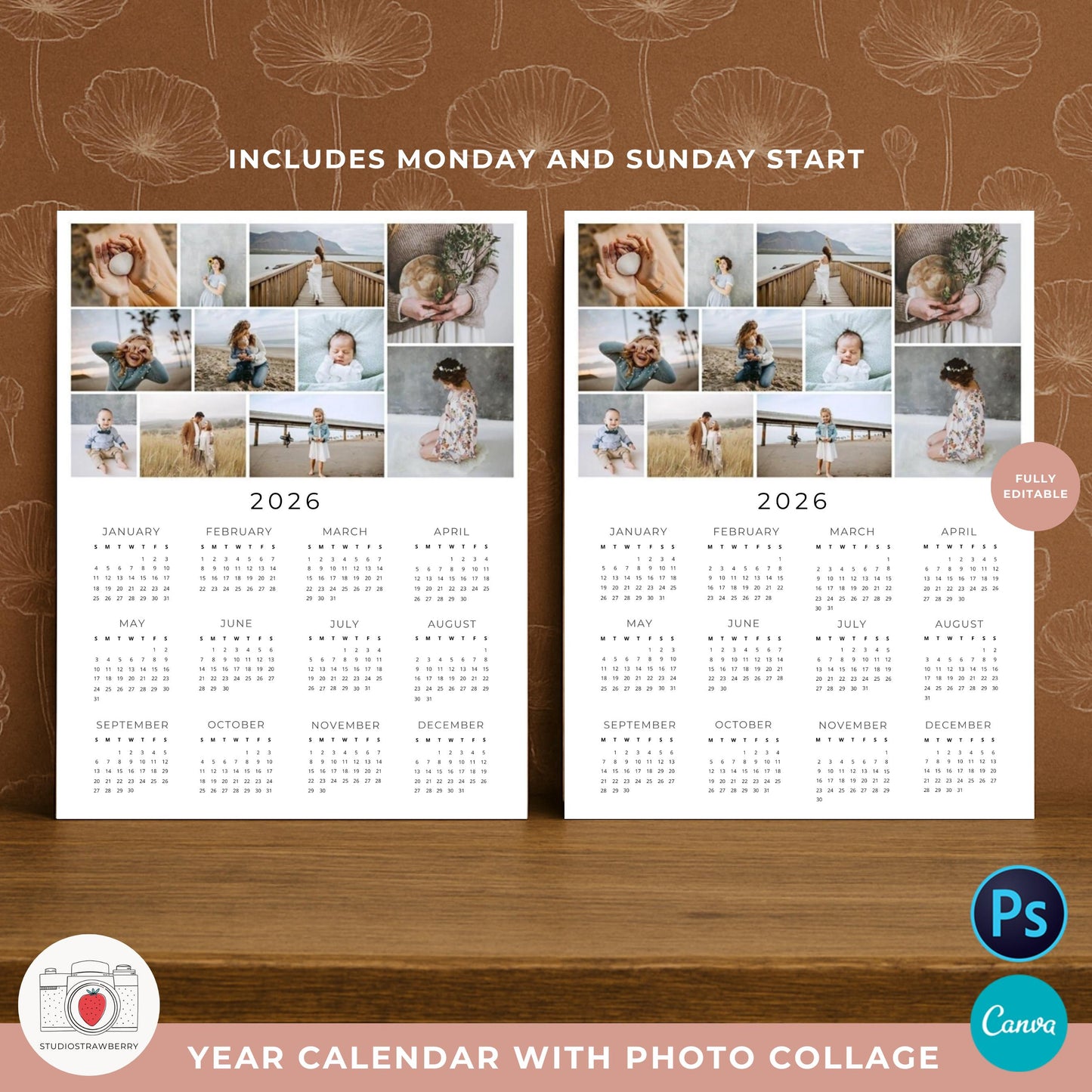 Canva photo collage calendar template with modern minimal design