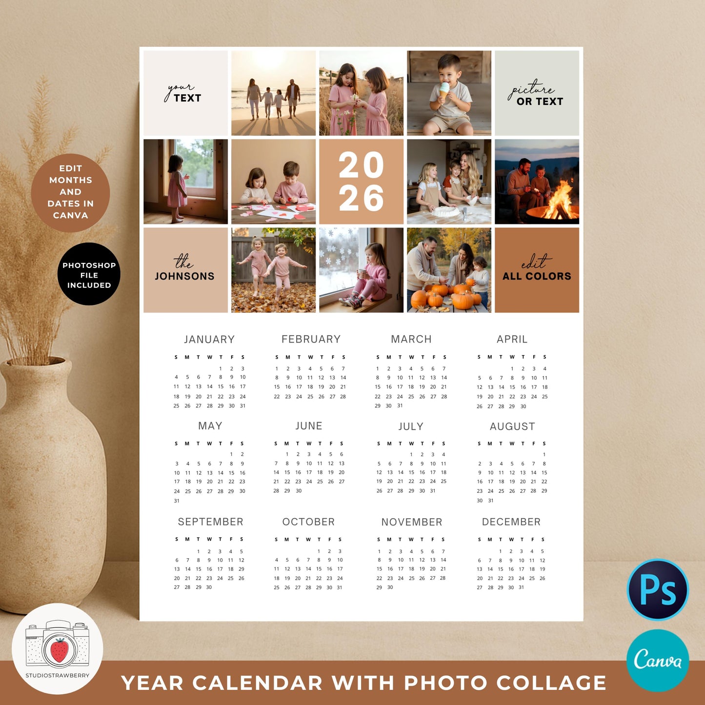 Editable Canva calendar template with custom photos for the year 2026