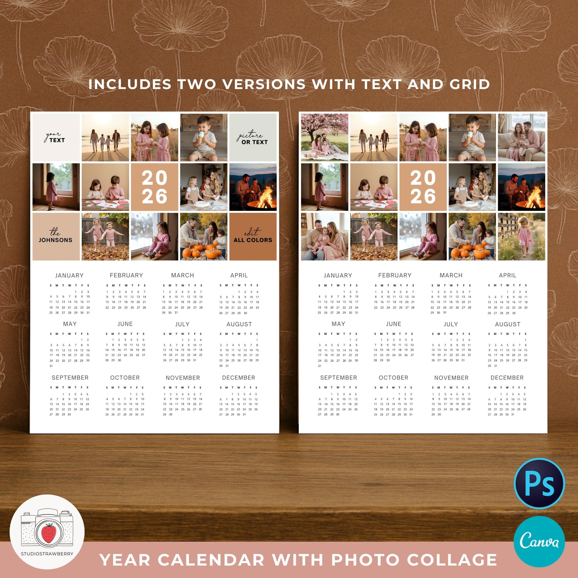 Minimalist 2026 calendar featuring a photo grid layout for families