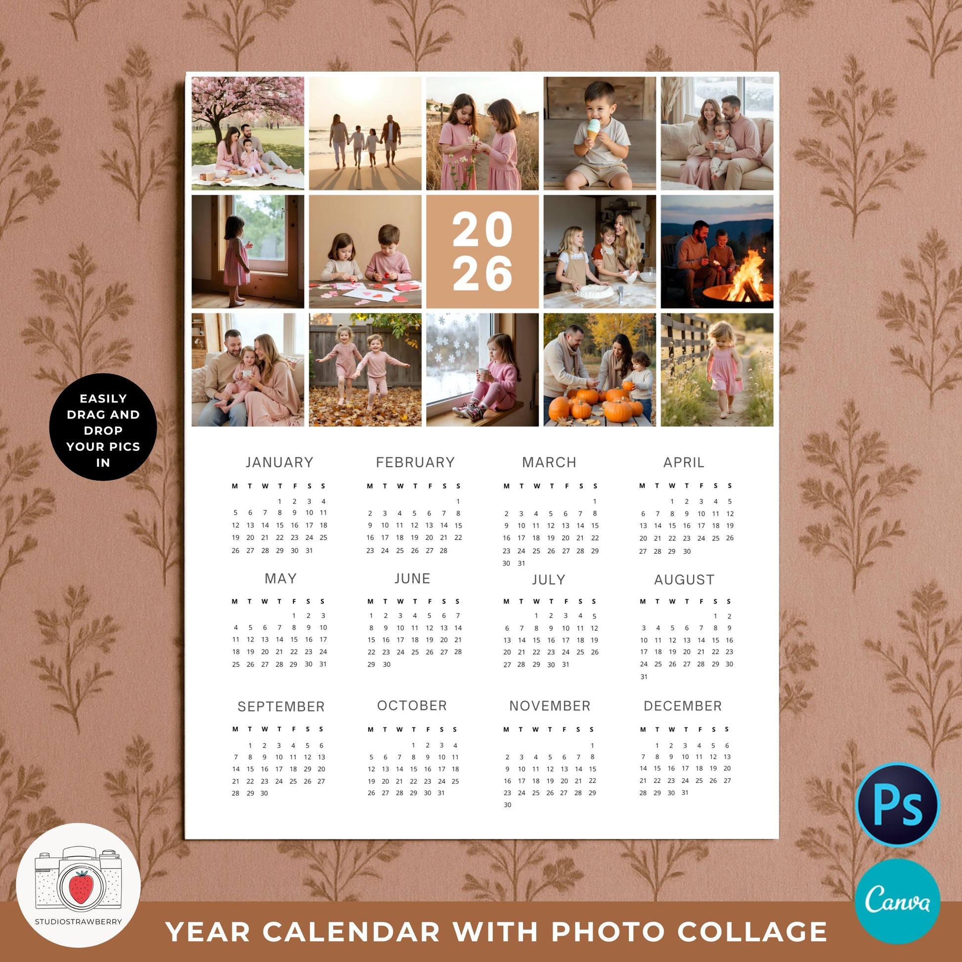 2026 wall calendar template with photo collage design for family pictures