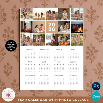 2026 wall calendar template with photo collage design for family pictures