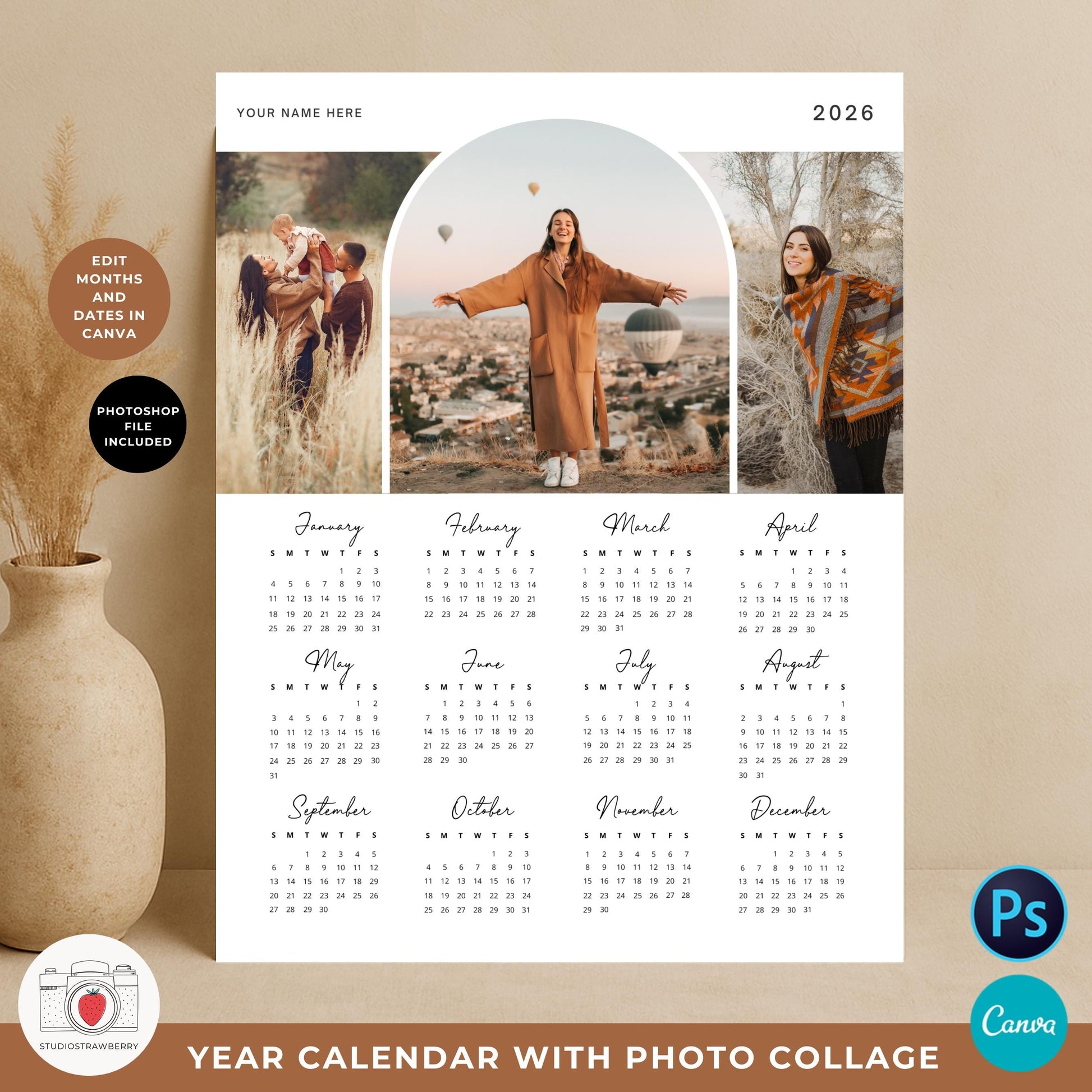 Stylish arch photo collage design for 2026 calendar