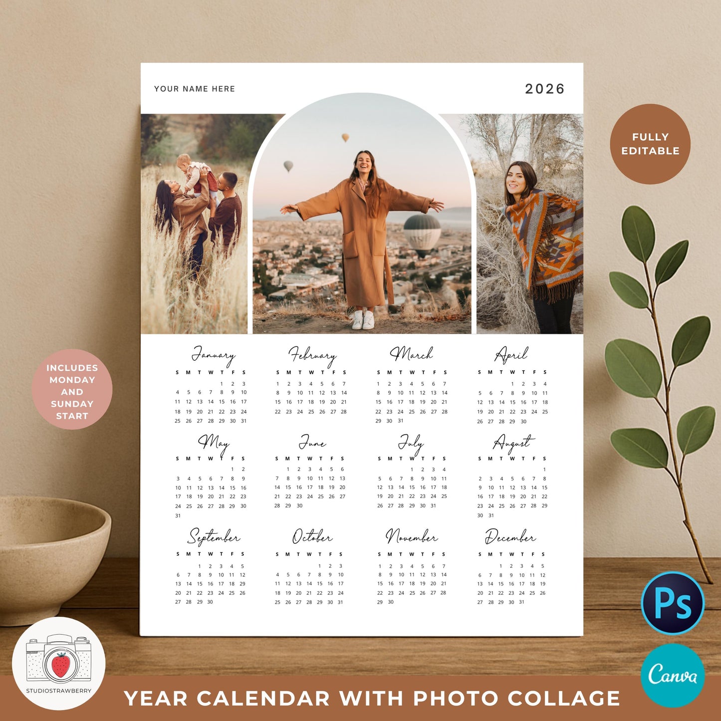Photo collage calendar template with curved arch layout