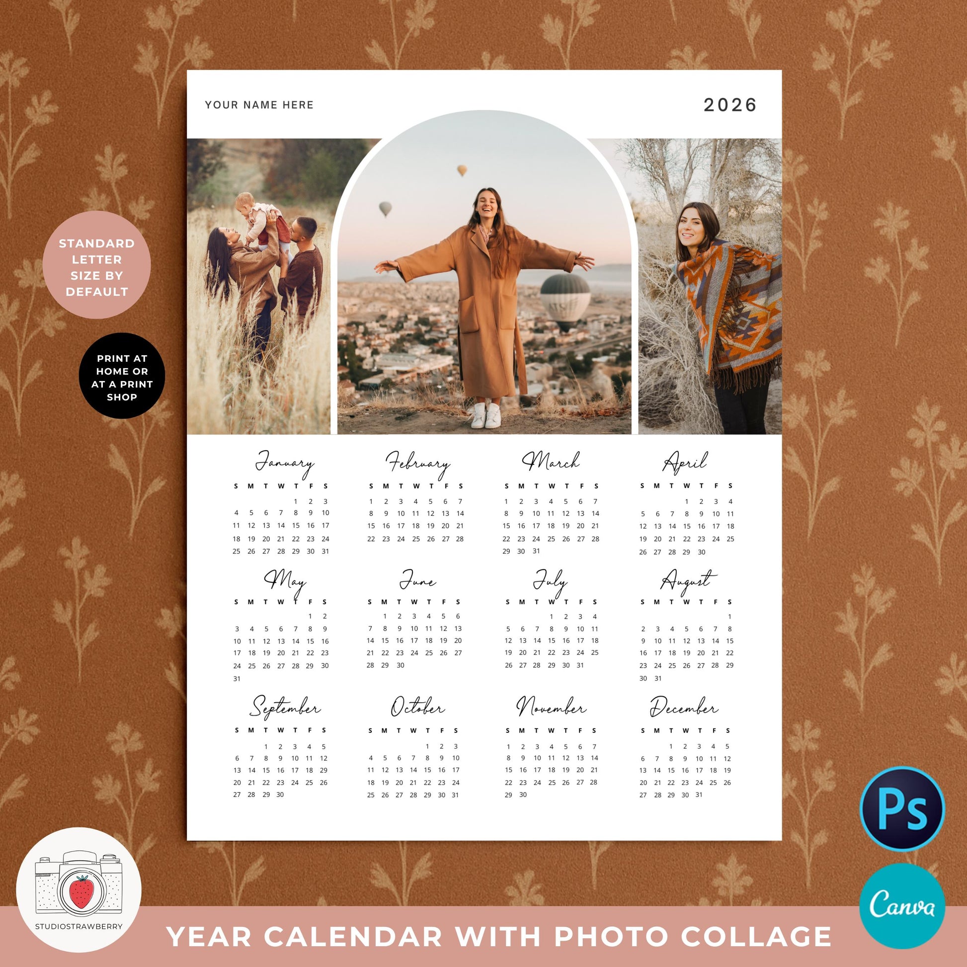 Modern minimalist photo calendar editable in Canva and Photoshop