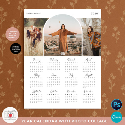 Modern minimalist photo calendar editable in Canva and Photoshop