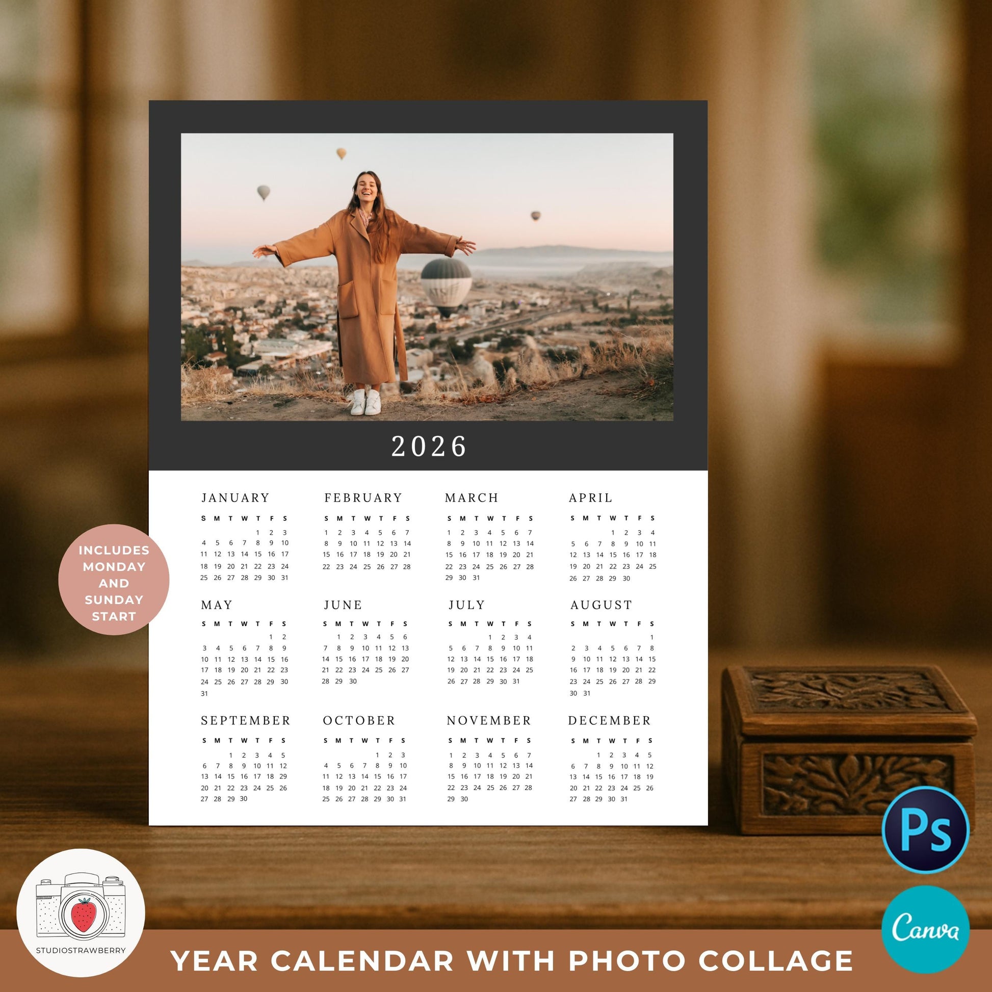 2026 one page photo calendar template in Canva with modern design