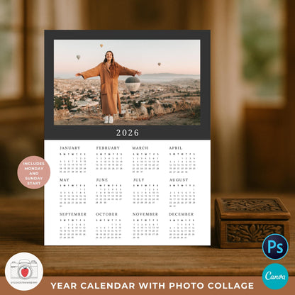 2026 one page photo calendar template in Canva with modern design