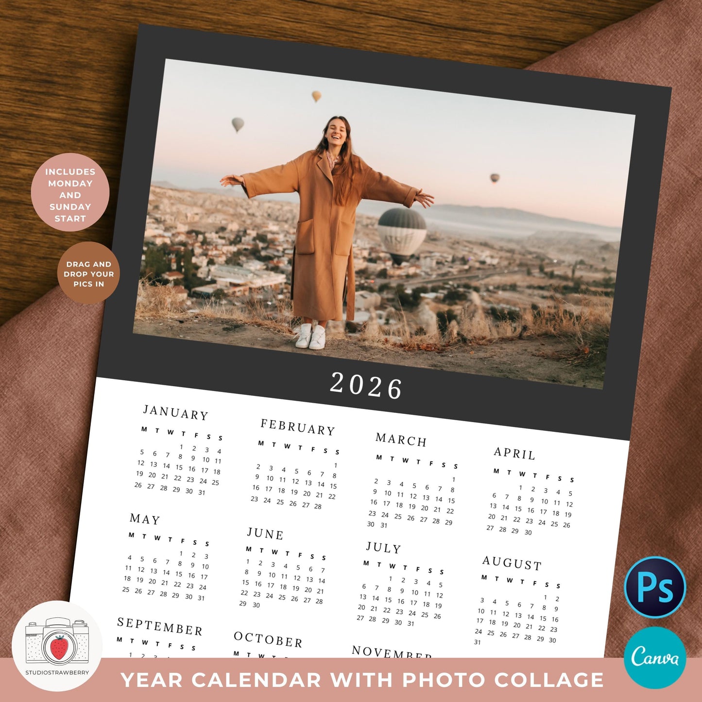 Printable 2026 photo calendar with customizable color background