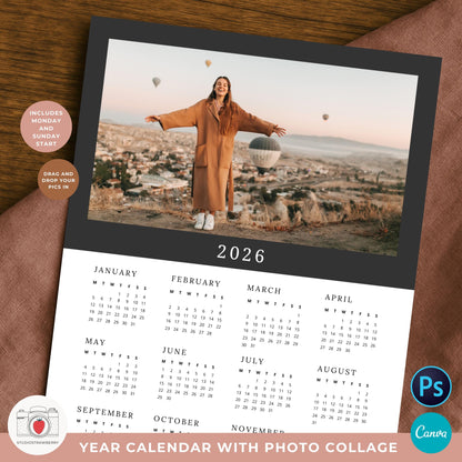 Printable 2026 photo calendar with customizable color background