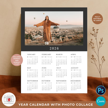 Minimalist one page 2026 calendar with large photo space