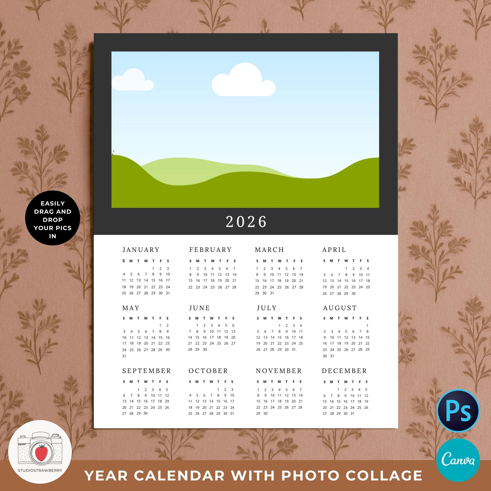 Custom background color 2026 photo calendar for home printing