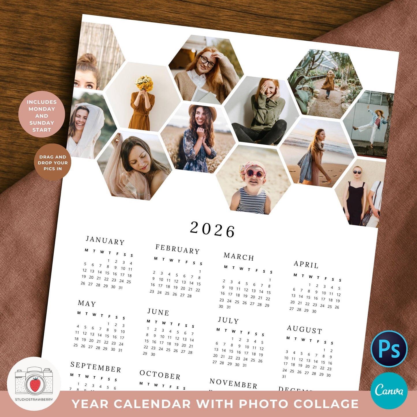 One page yearly calendar template with space for custom pictures