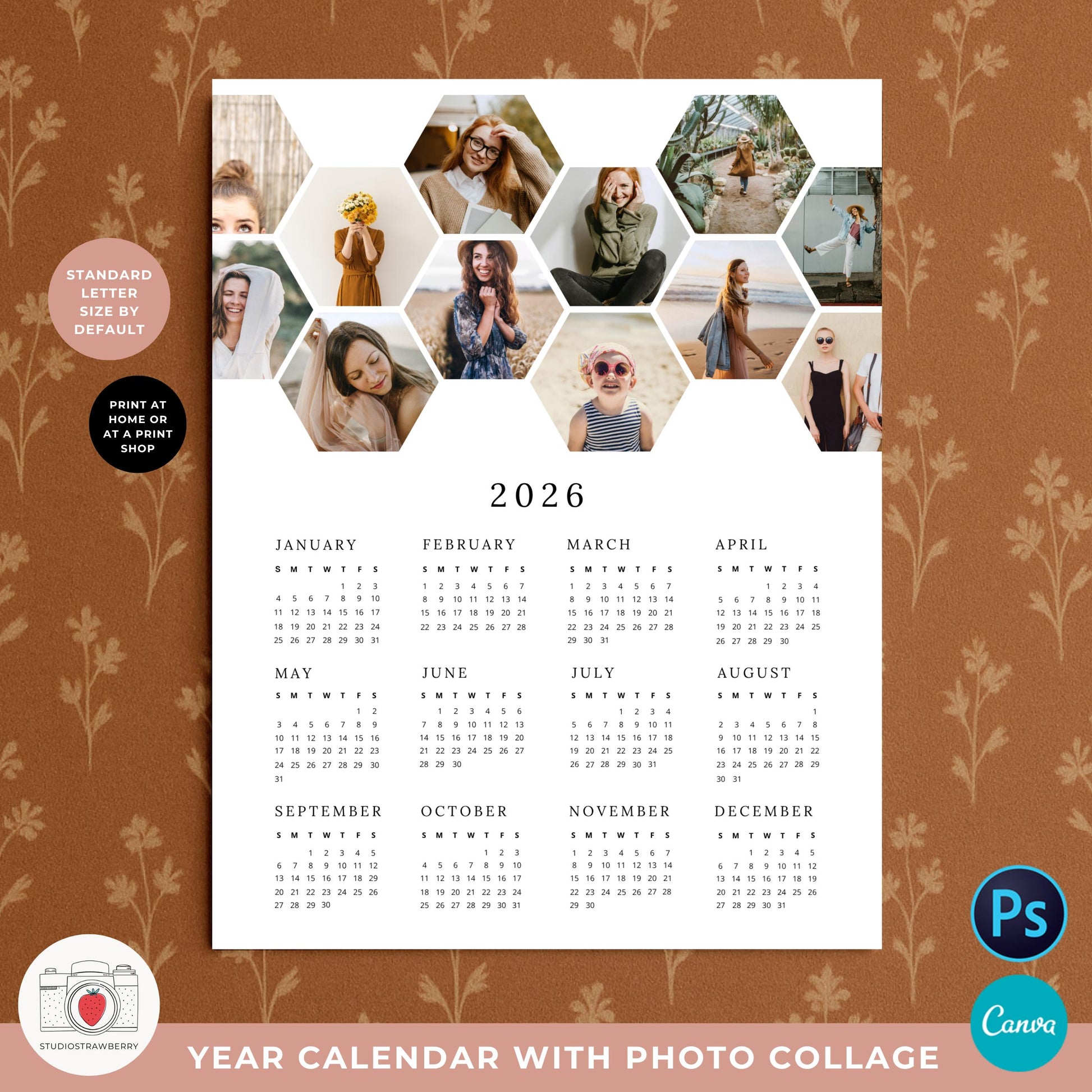 Editable yearly calendar template with personalized photo options