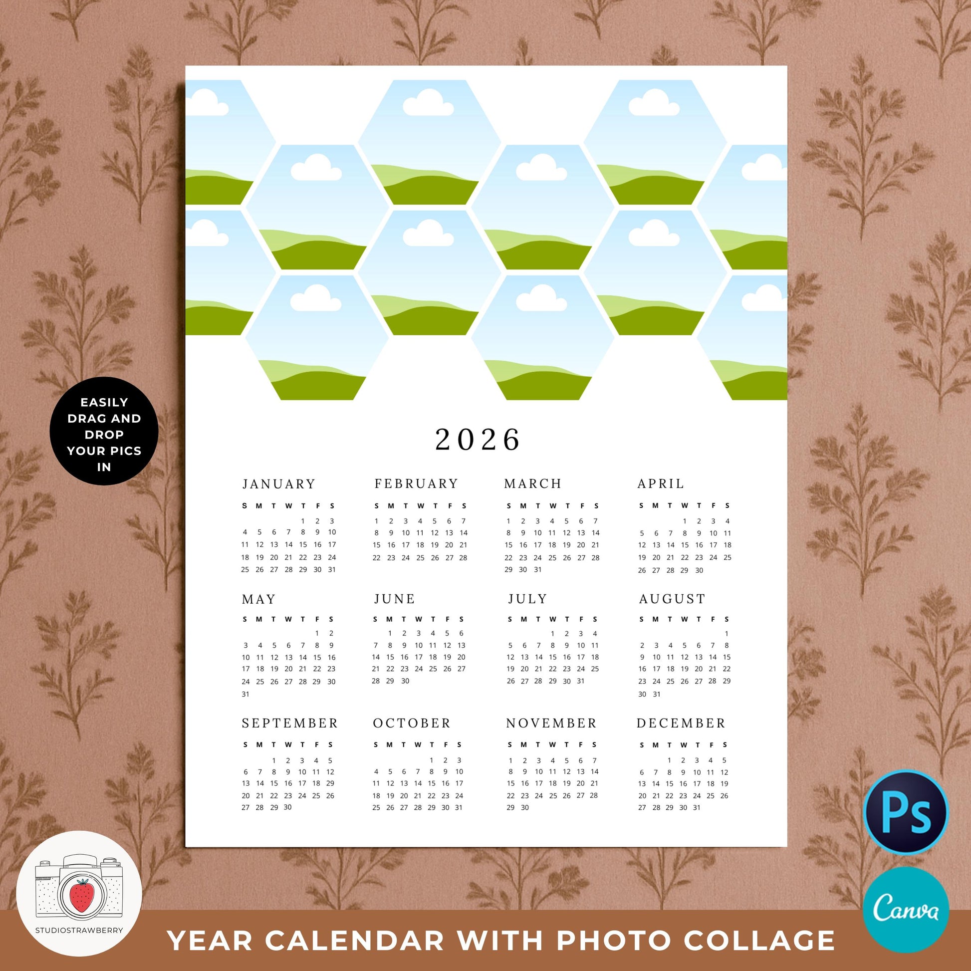 Letter size yearly wall calendar with stylish multi-photo design