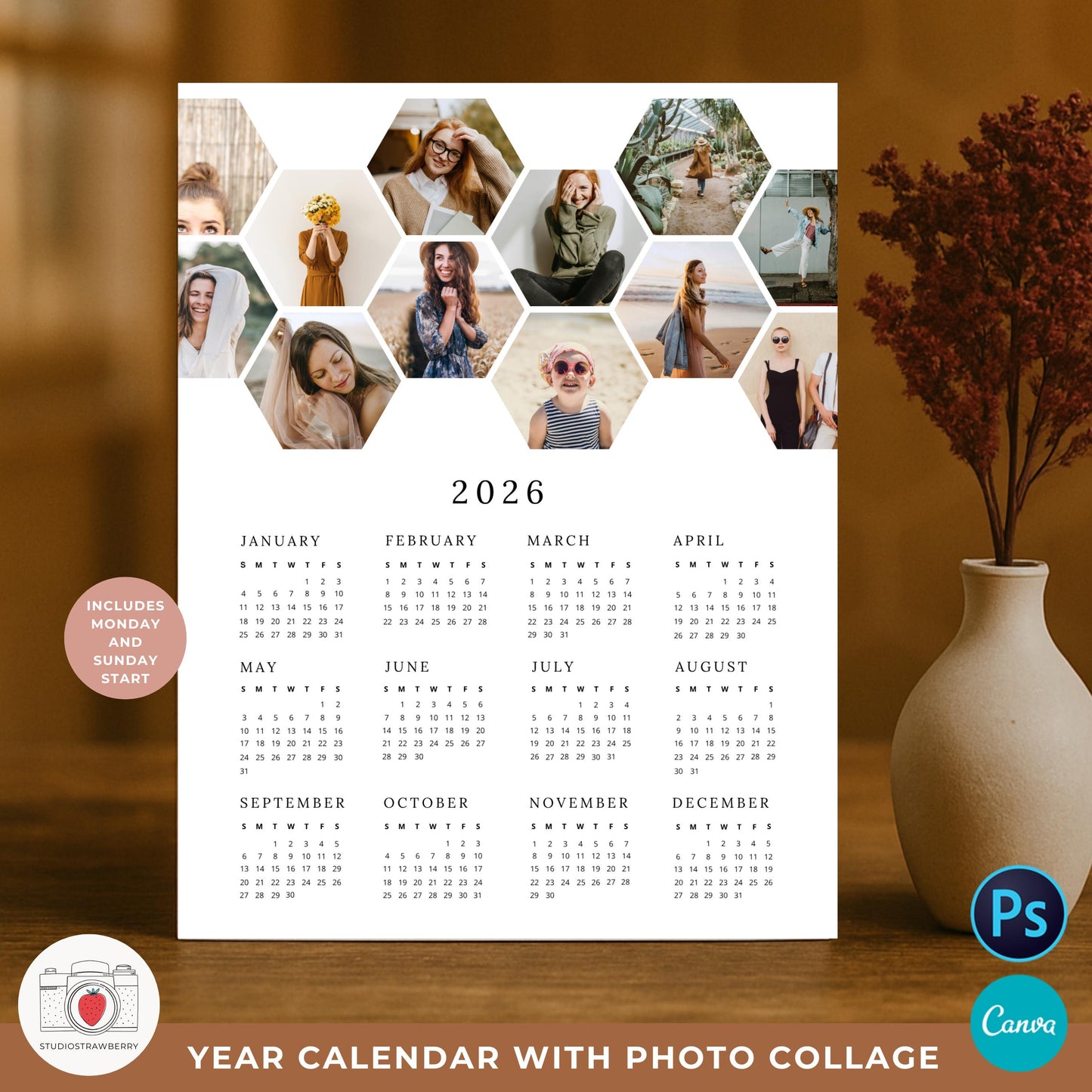 2026 wall calendar template featuring a modern hexagon photo collage design