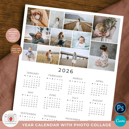 Printable 2026 calendar with photo collage, easy to customize