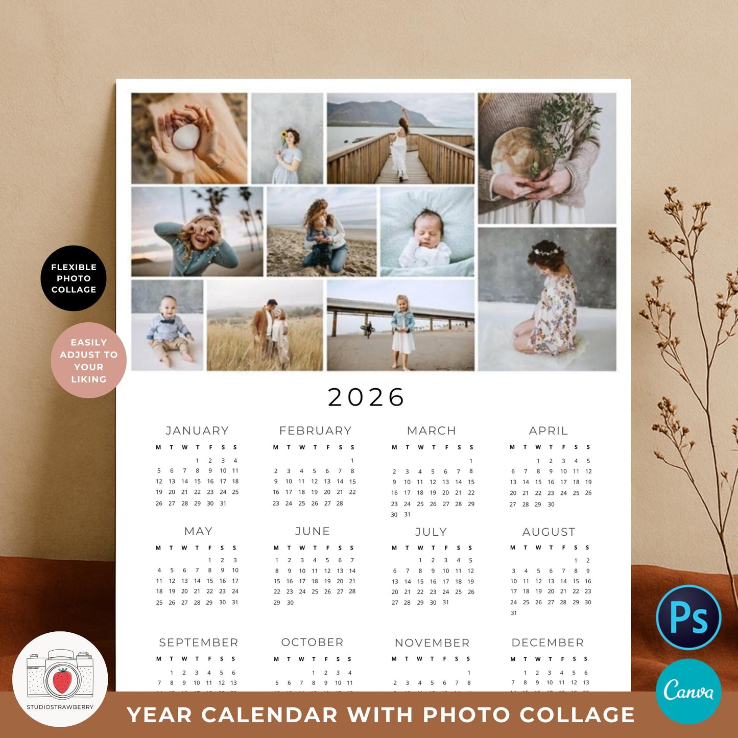 Photoshop editable calendar with your personal photos for 2026