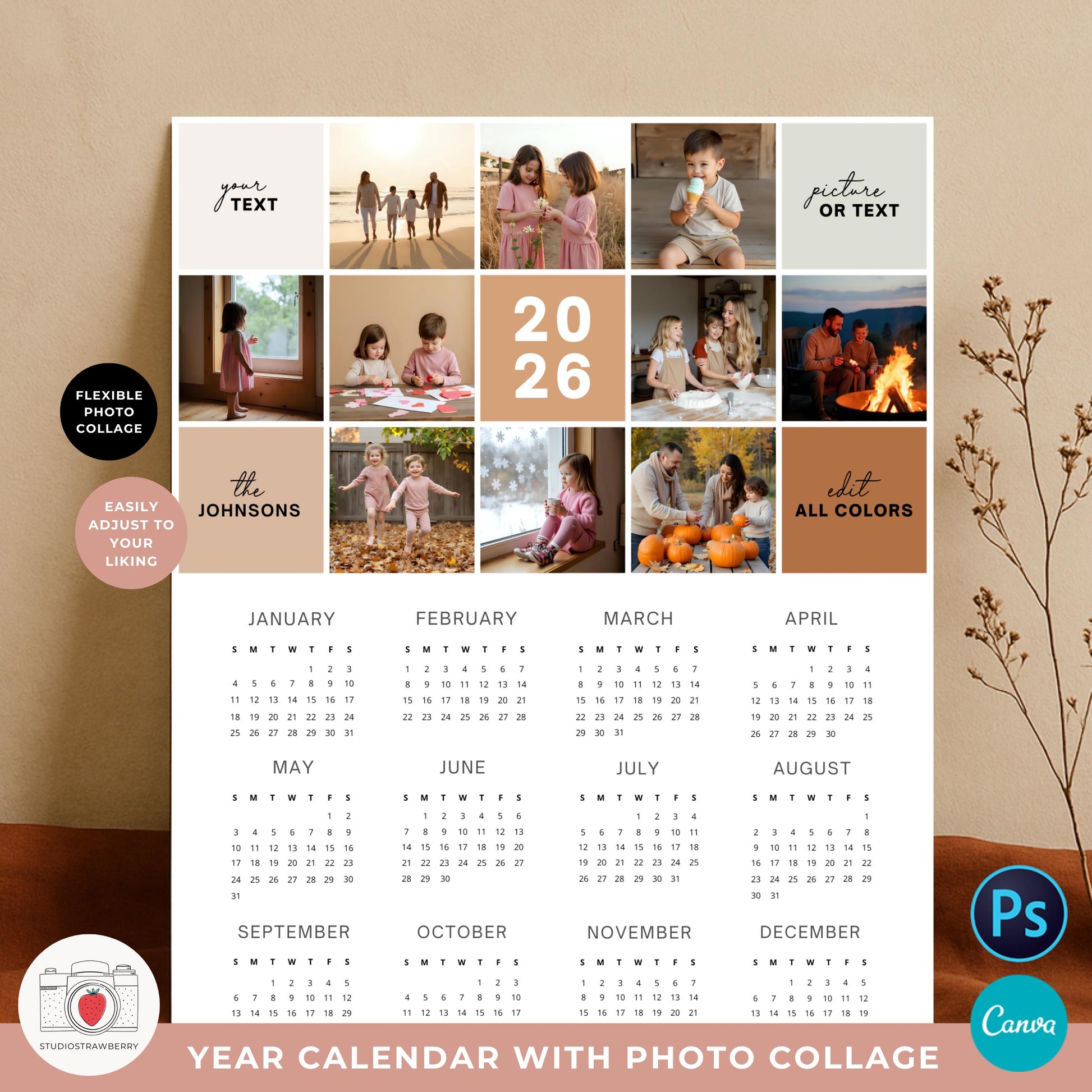 Photo collage calendar to print at home, editable in Canva and Photoshop