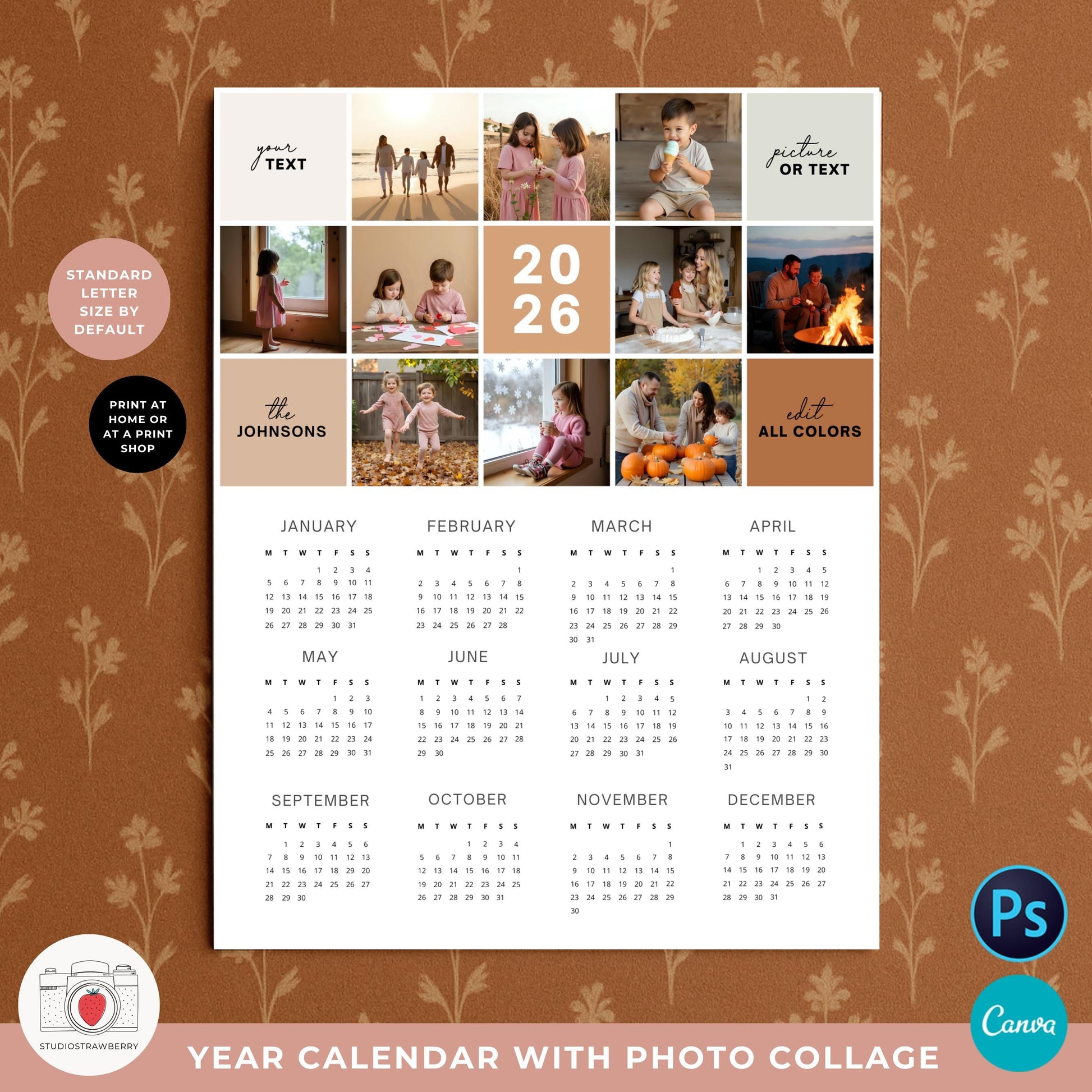 One page 2026 calendar with pictures, ideal for home printing and display