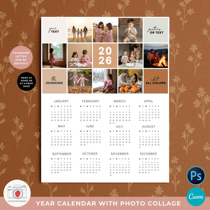 One page 2026 calendar with pictures, ideal for home printing and display