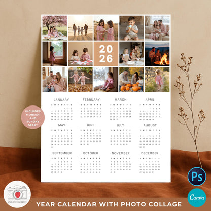 2026 family photo calendar template with beige neutral tones and warm photo collage layout