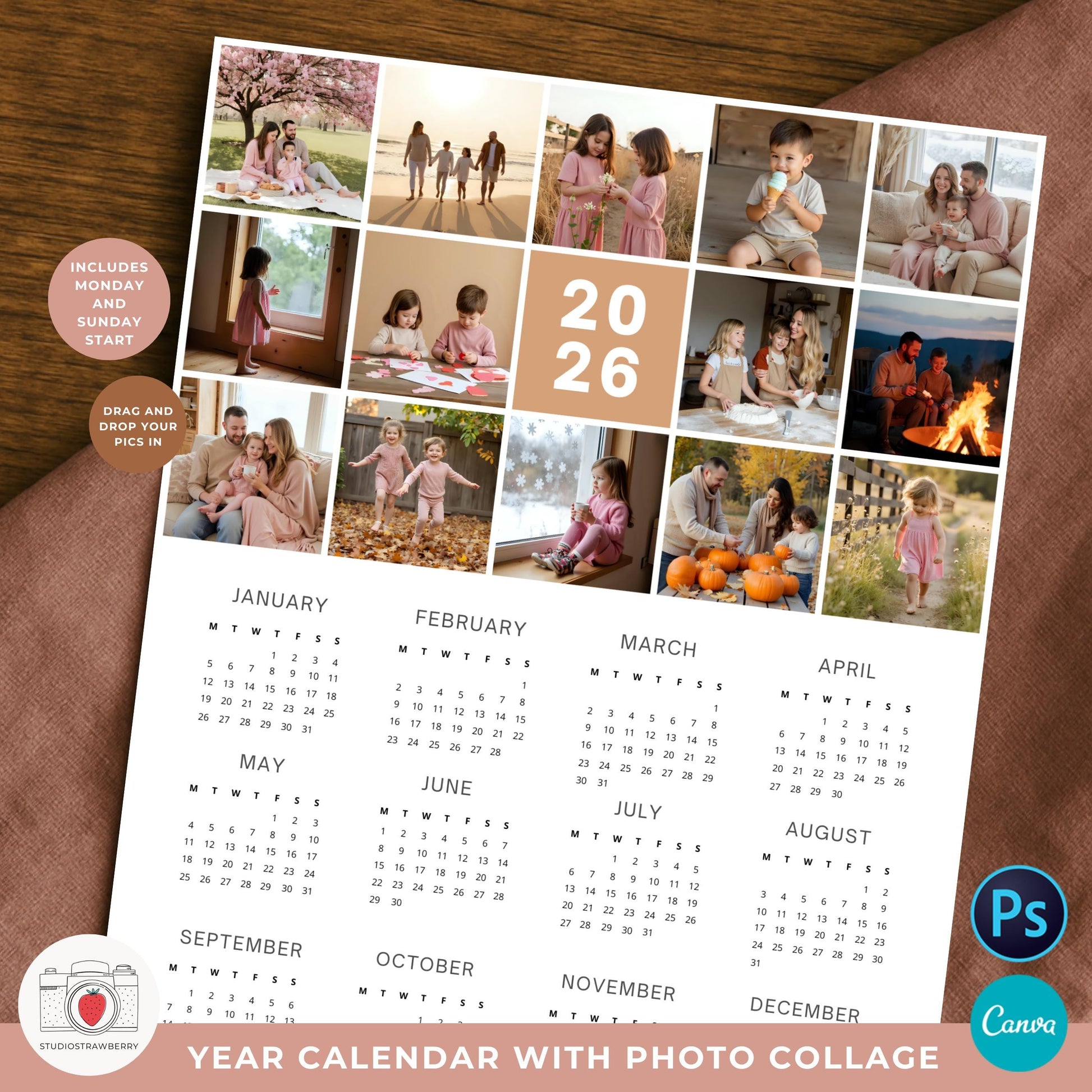 Printable calendar with photo collage for family memories, perfect for 2026