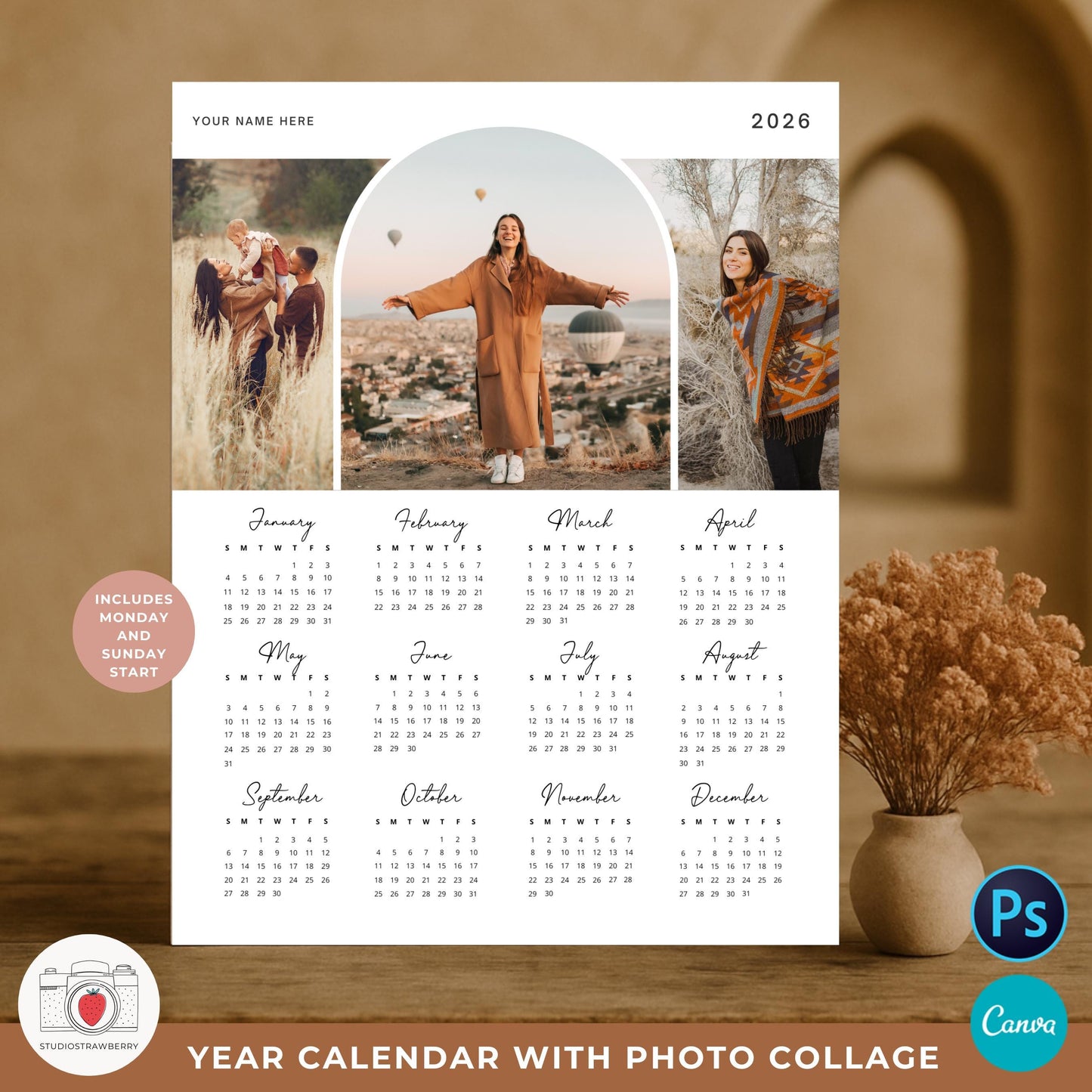 Editable 2026 photo calendar template with modern 3-photo collage
