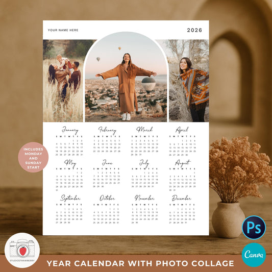 Editable 2026 photo calendar template with modern 3-photo collage