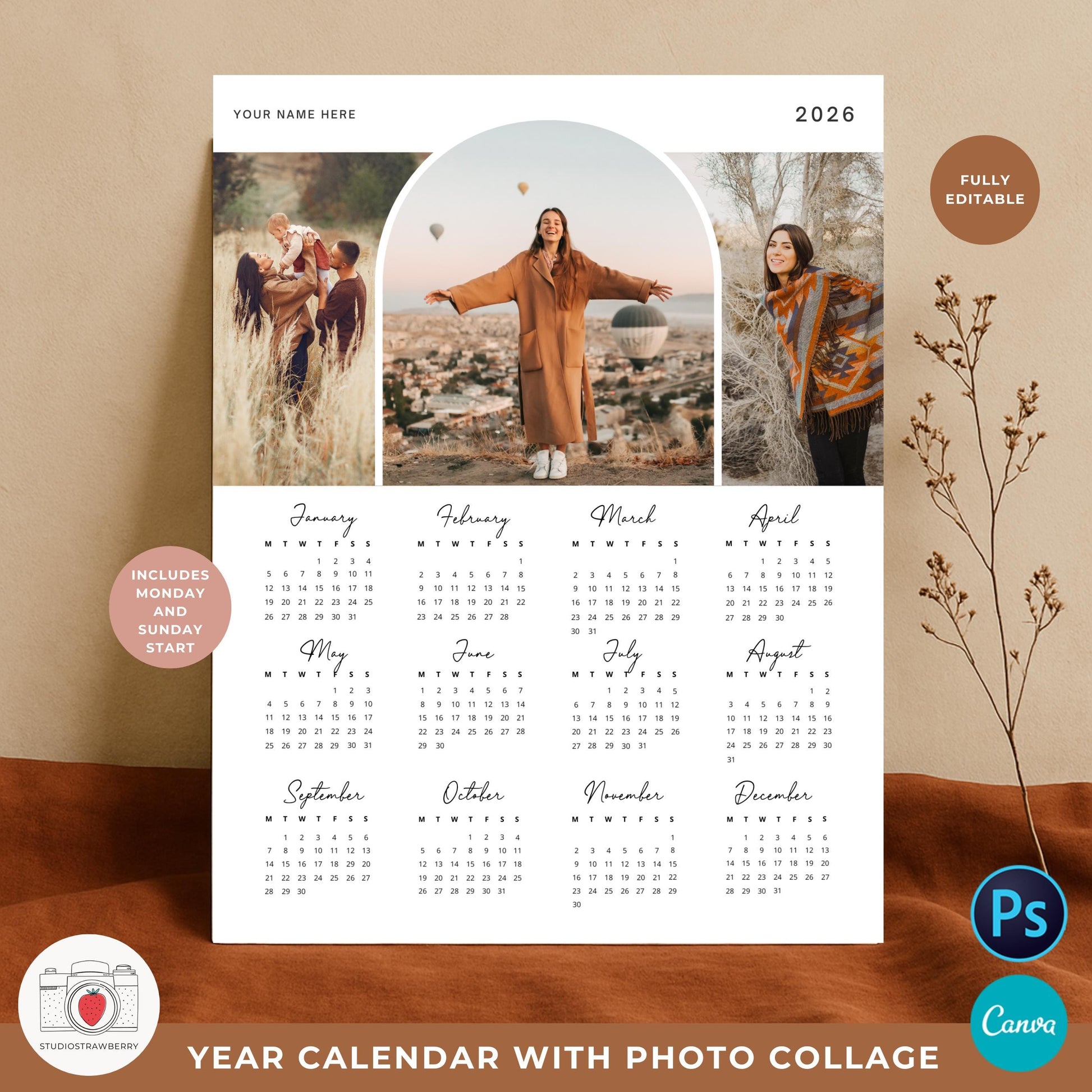 Letter size calendar with space for three personal photos