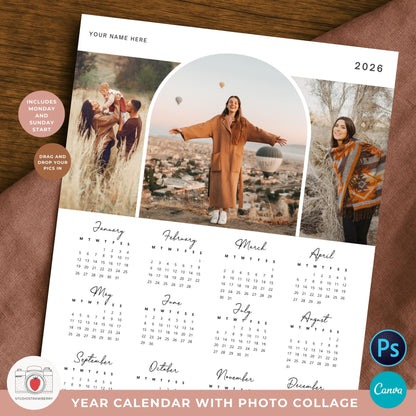One page printable calendar with customizable photo layout