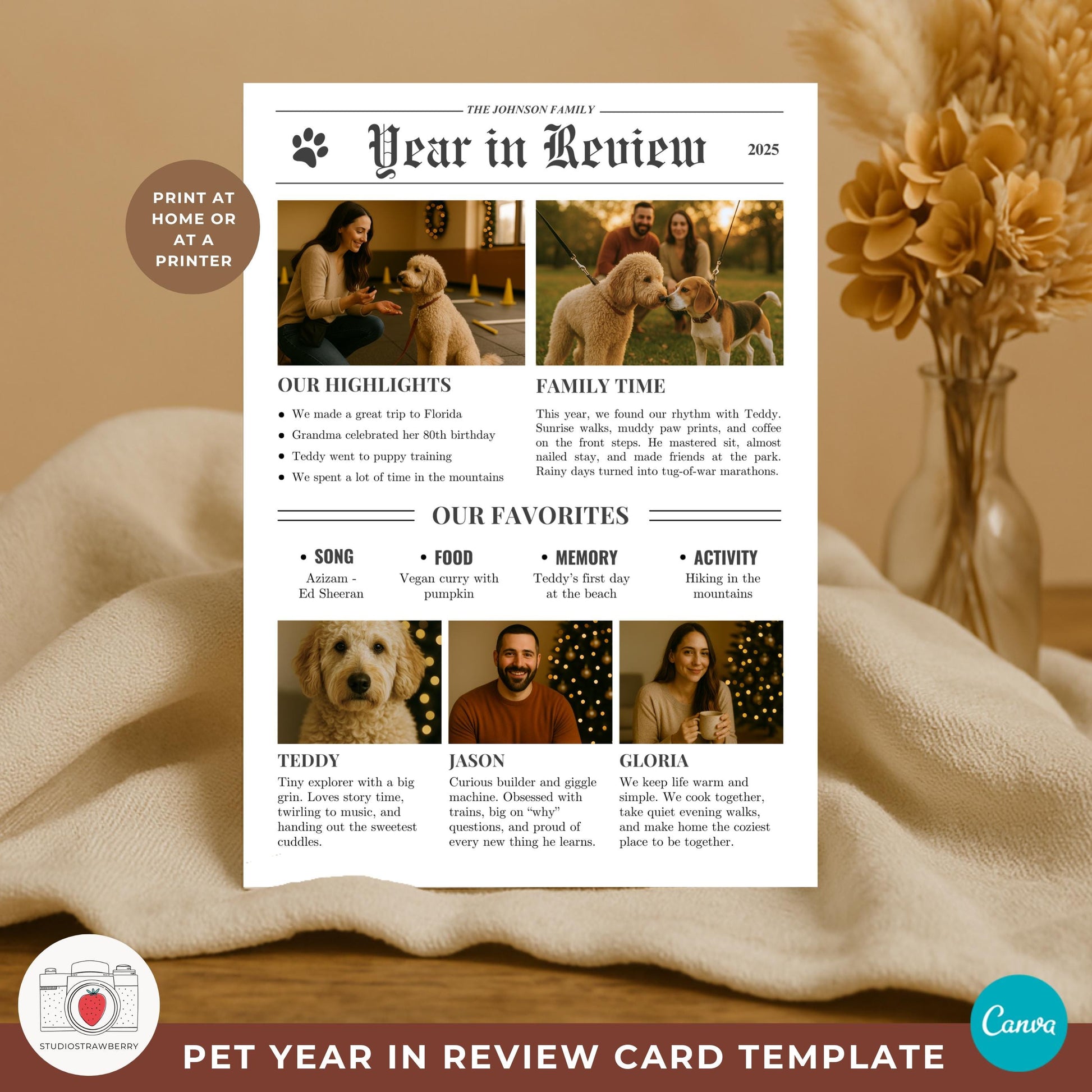 Dog Christmas newsletter Canva template that looks like a modern newspaper front page