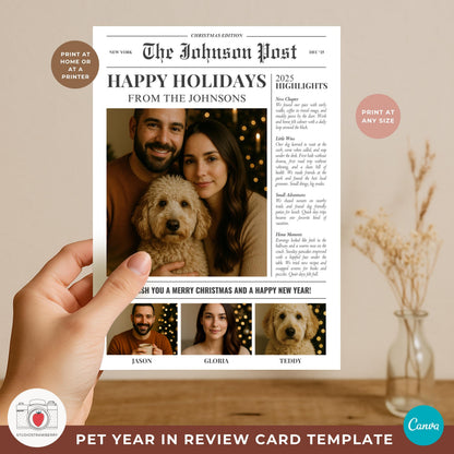 Editable pet holiday card front and back layout for printing at any size