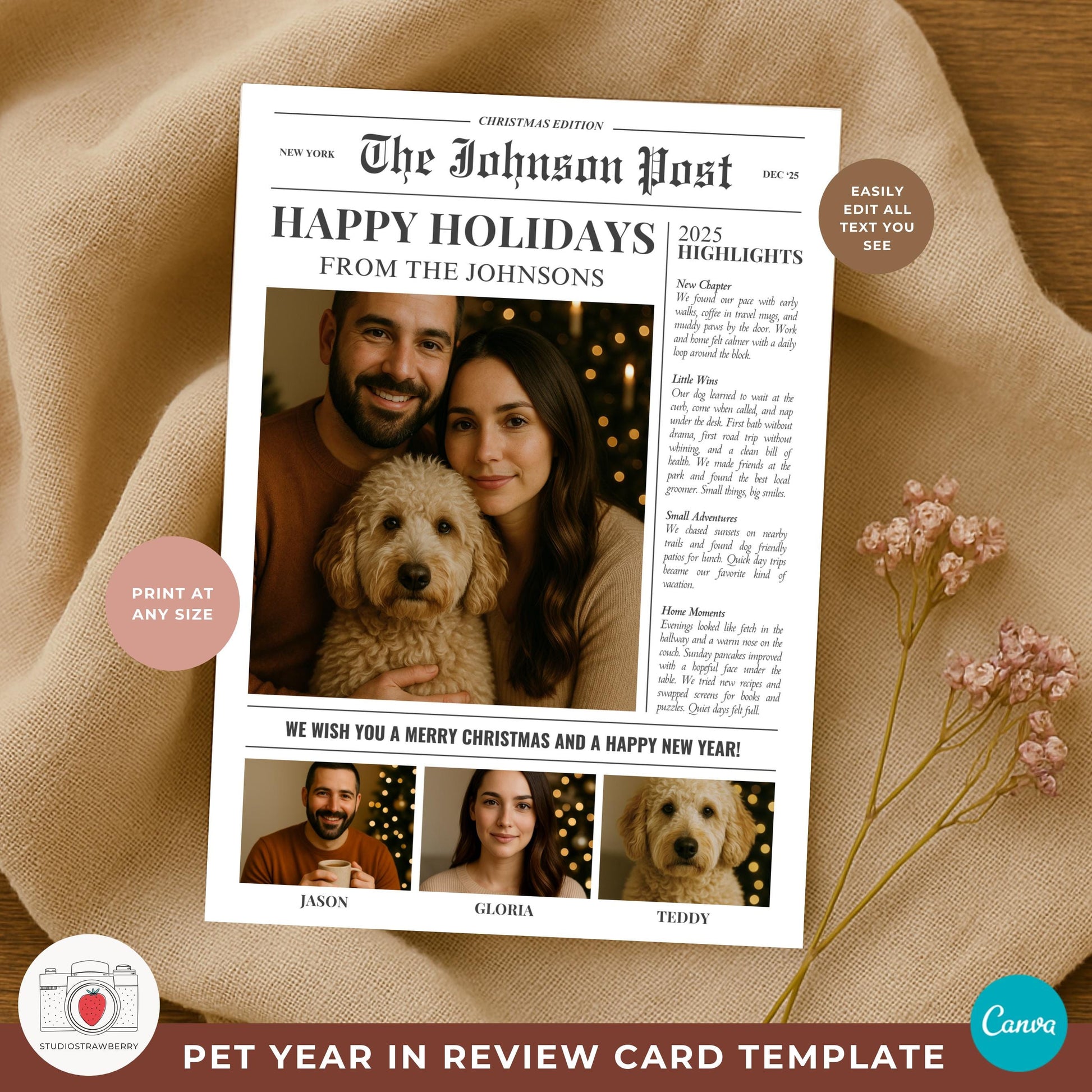 Printable pet Christmas newsletter card for dog lovers in classic newspaper design