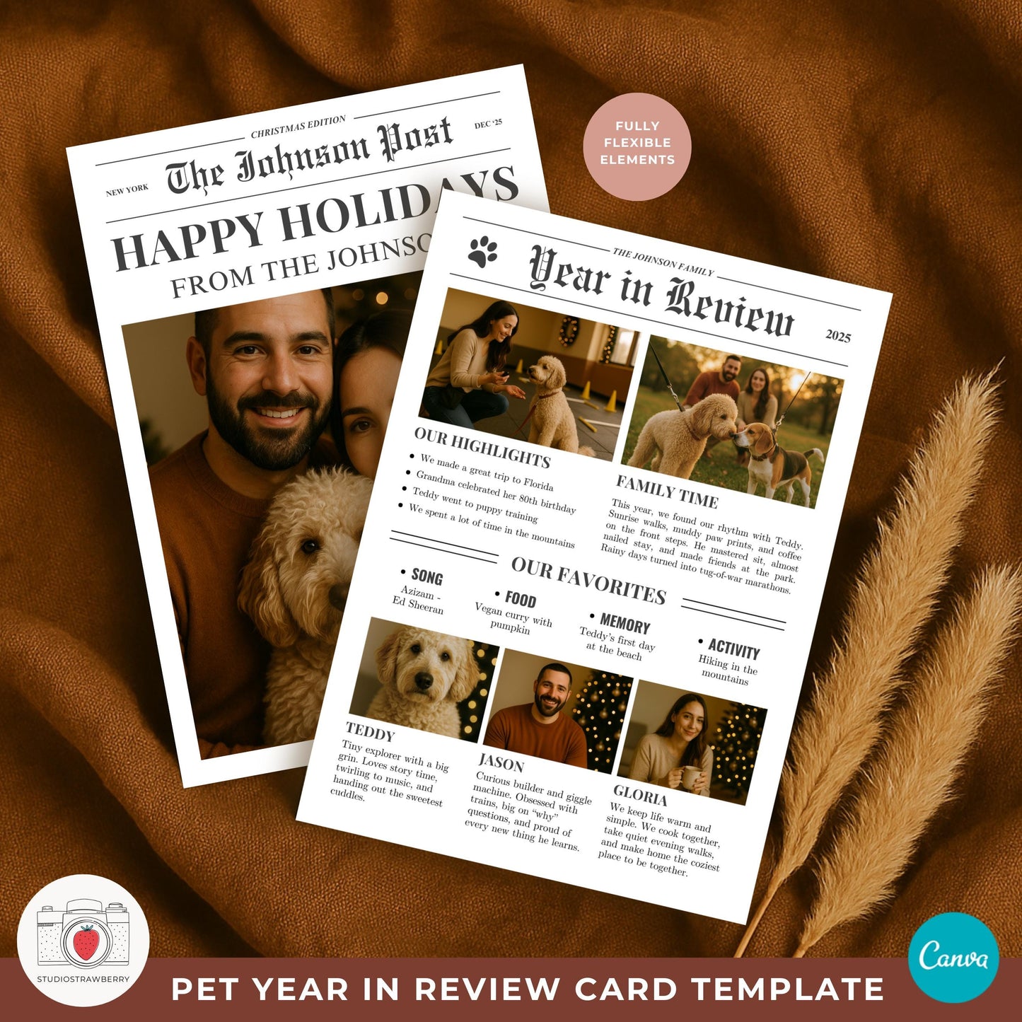 Canva pet holiday card template that is fully editable and beginner friendly
