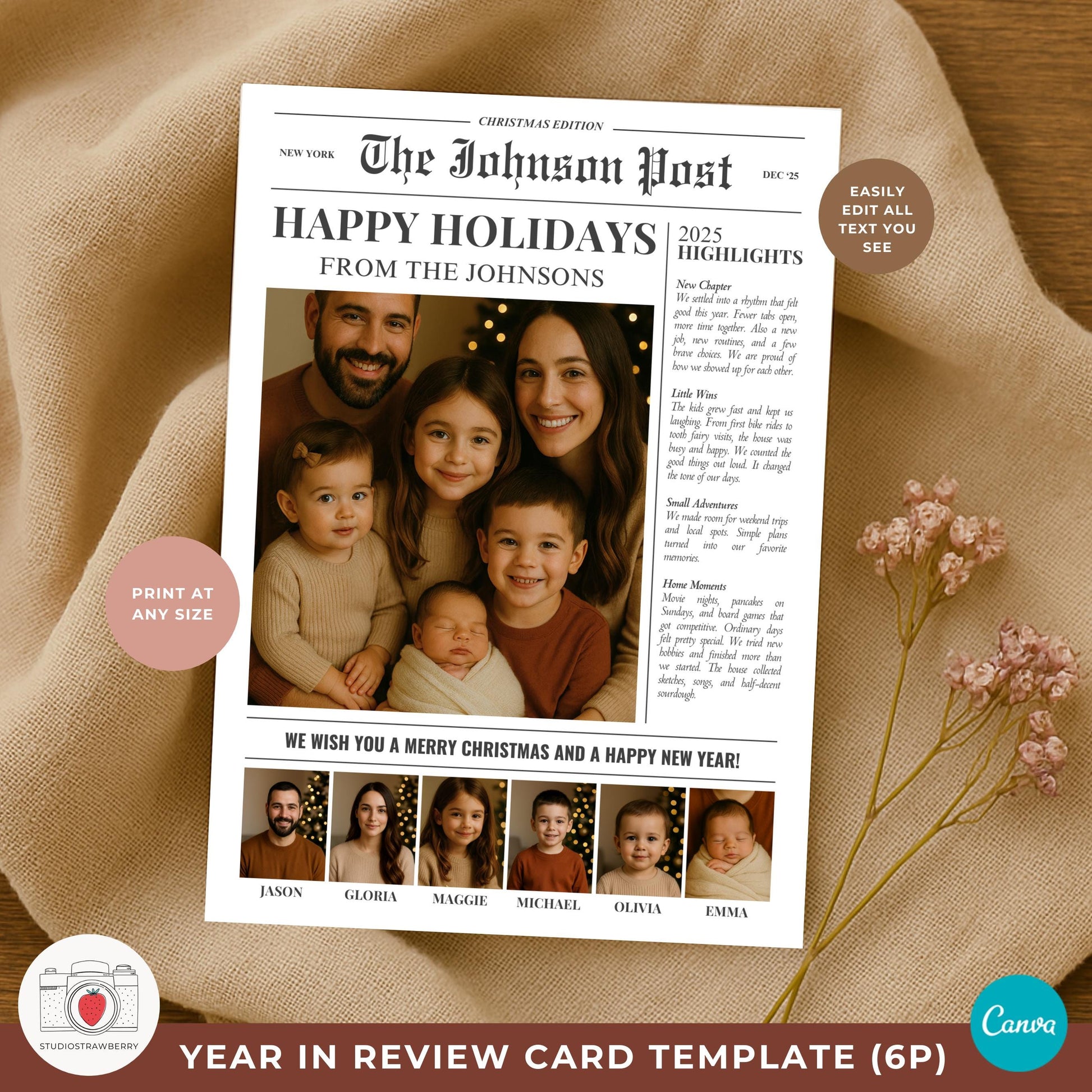 Newspaper style holiday card with 6 photos in a labeled family strip.