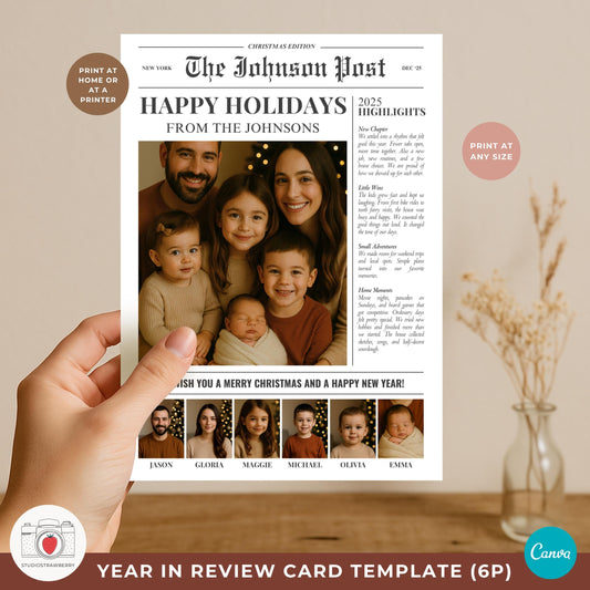 Newspaper year in review card for a family of six with classic headline layout.