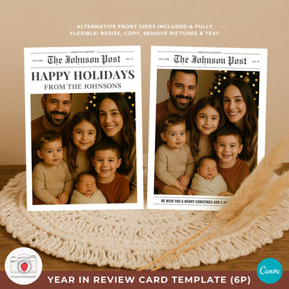 Double sided year in review card showing newsletter style back page.