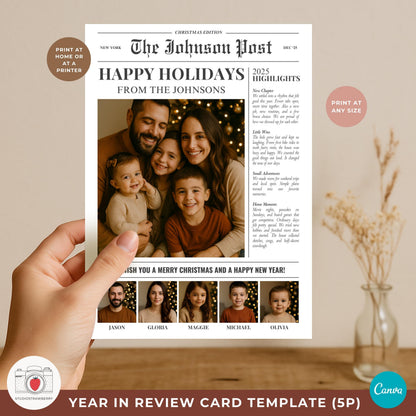 Family of five Christmas card template in elegant newspaper style.
