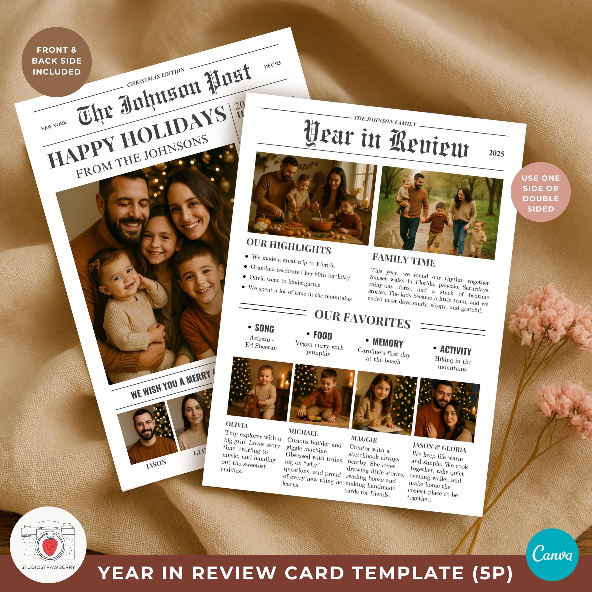 Double sided year in review card showing front and back design options.