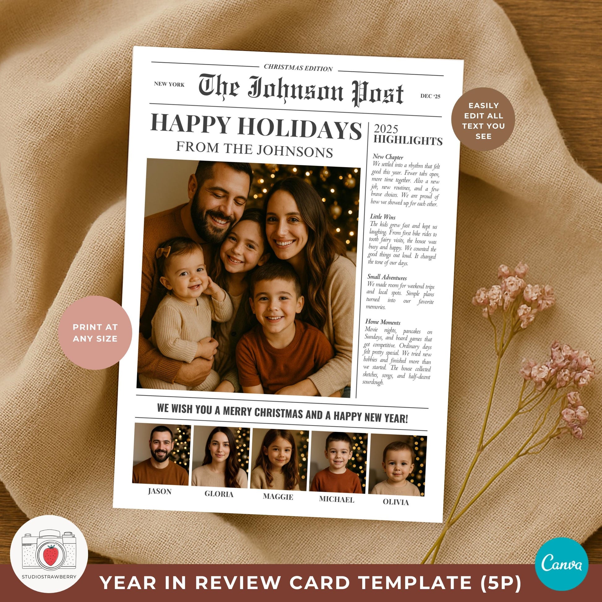 Family photo Christmas newspaper layout featuring five portraits.