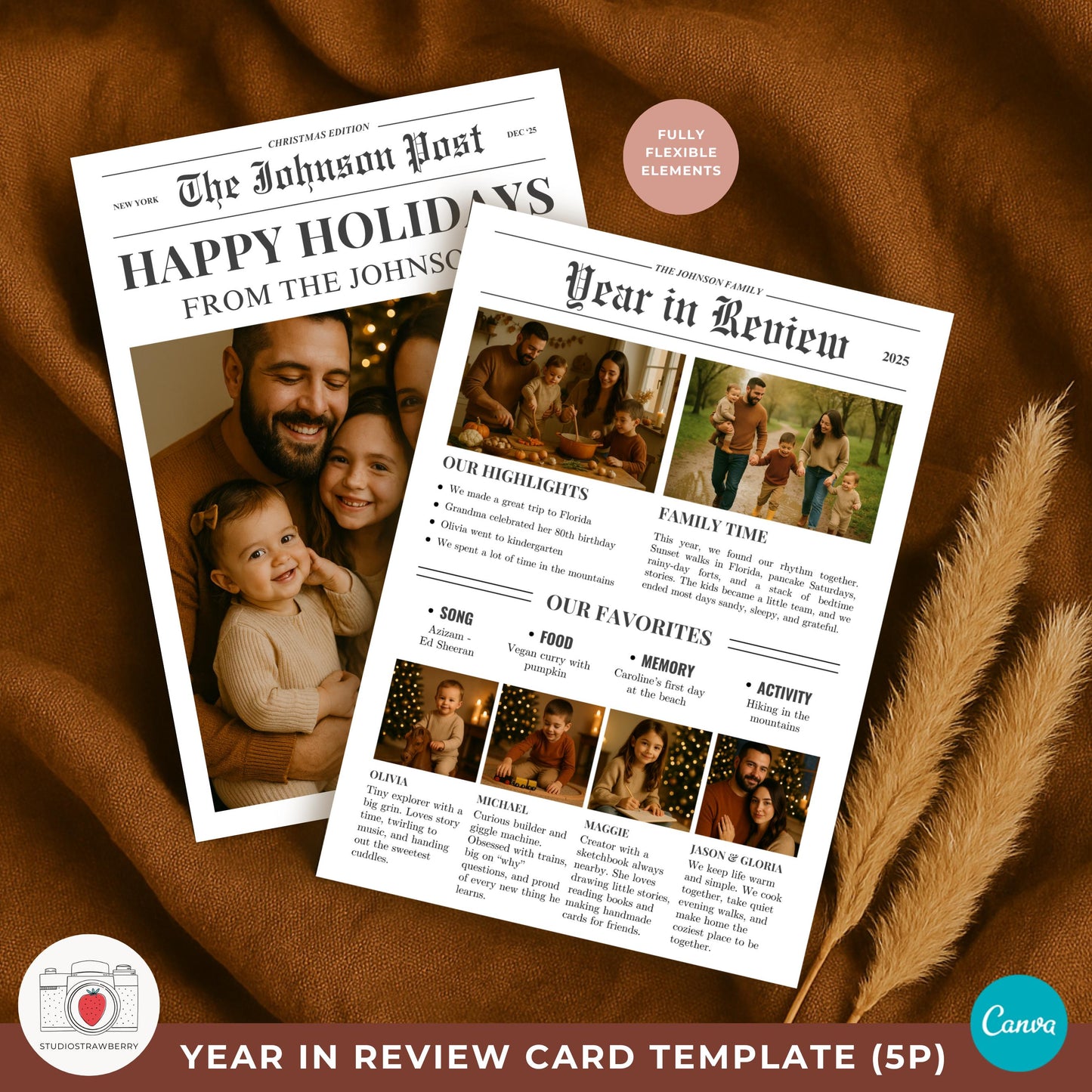 Editable newspaper holiday card in Canva with flexible sections.