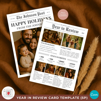 Editable newspaper holiday card in Canva with flexible sections.