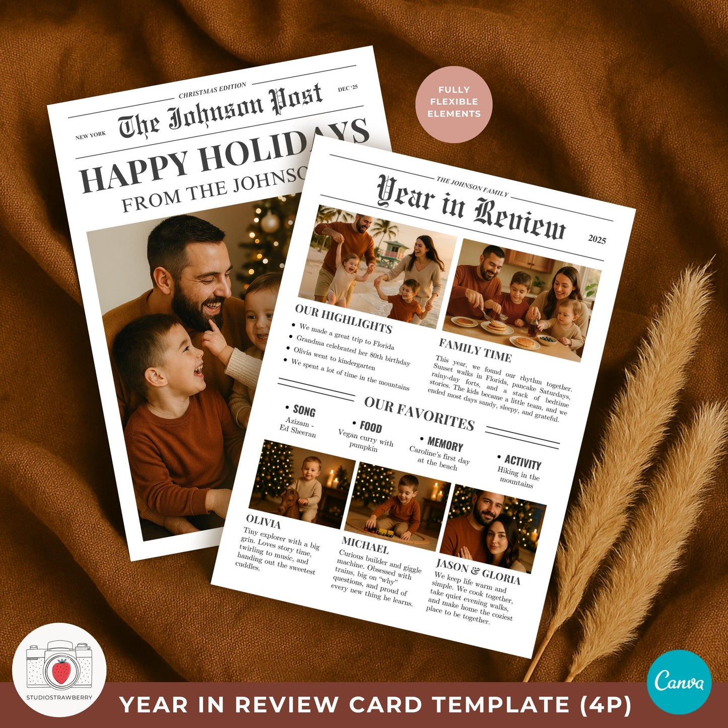 Canva newspaper Christmas card for a family of four with custom names.