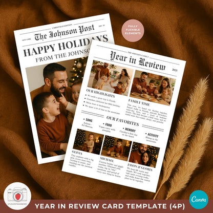 Canva newspaper Christmas card for a family of four with custom names.