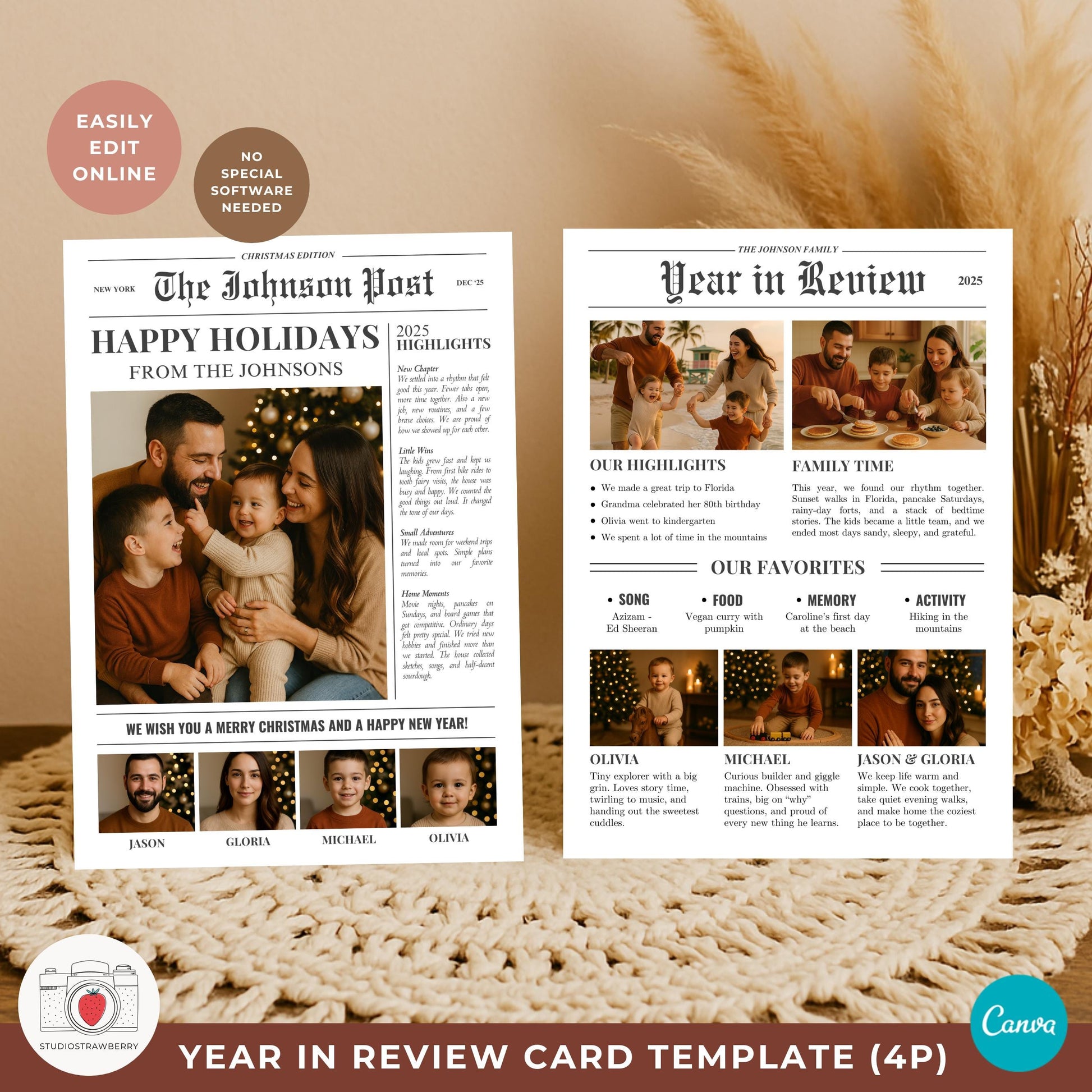 Newspaper Christmas card template in Canva showing photo and highlights column.