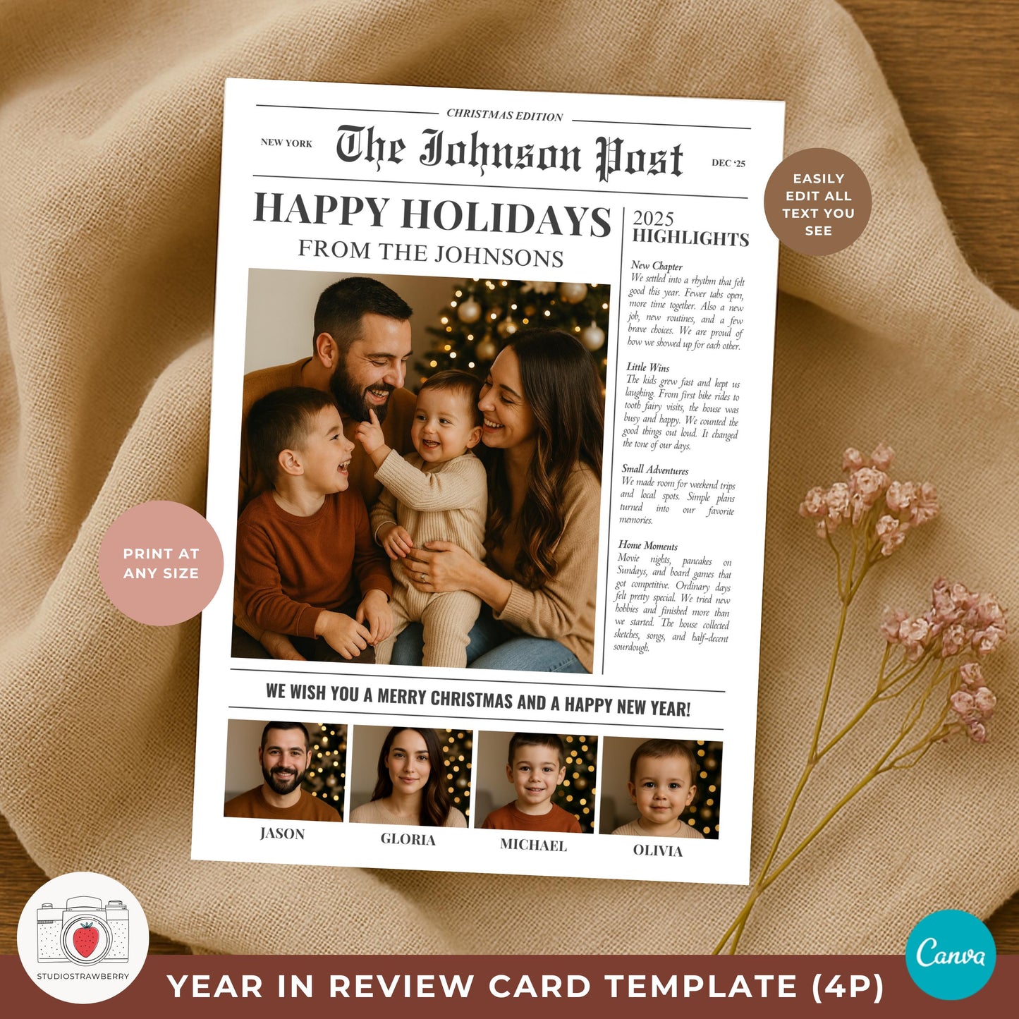 Personalized family year in review newspaper with highlight sections.