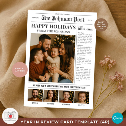 Personalized family year in review newspaper with highlight sections.